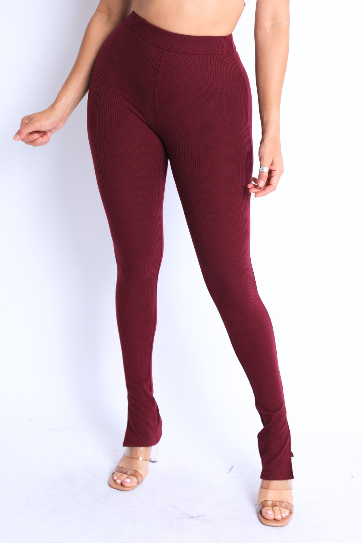 Women's burgundy comfy stretch pants with ankle slits