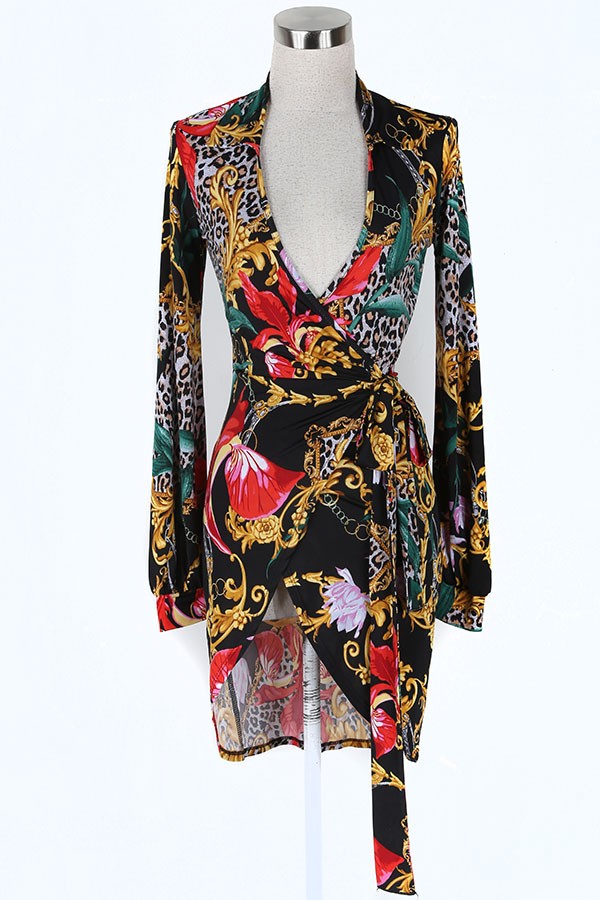 Women's Baroque Leopard Print Long Sleeve Wrap Mini Dress - photo 4