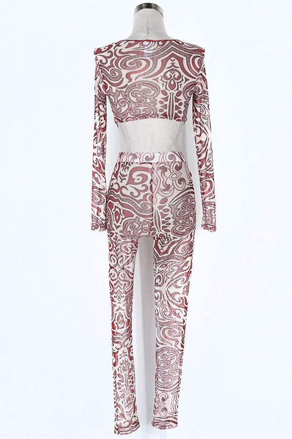 Women's Leopard Print Sheer Mesh Long Sleeve Top & Pants Set - photo 3