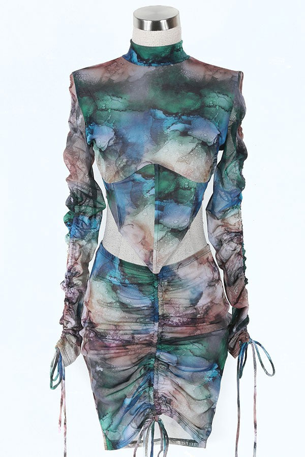 Women's Printed Mesh Ruched Top & Skirt Set