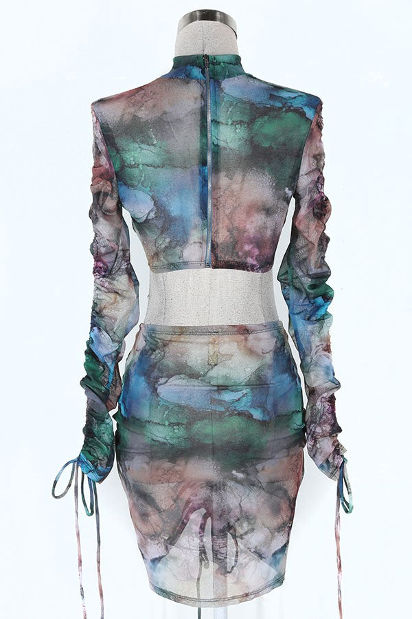 Women's Printed Mesh Ruched Top & Skirt Set - photo 3