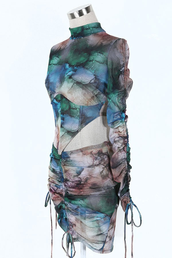 Women's Printed Mesh Ruched Top & Skirt Set - photo 2