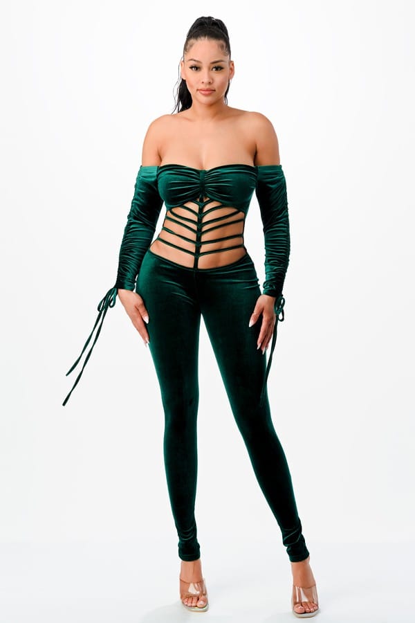 Women's Velvet Off-Shoulder Lace-Up Corset Jumpsuit - photo 2