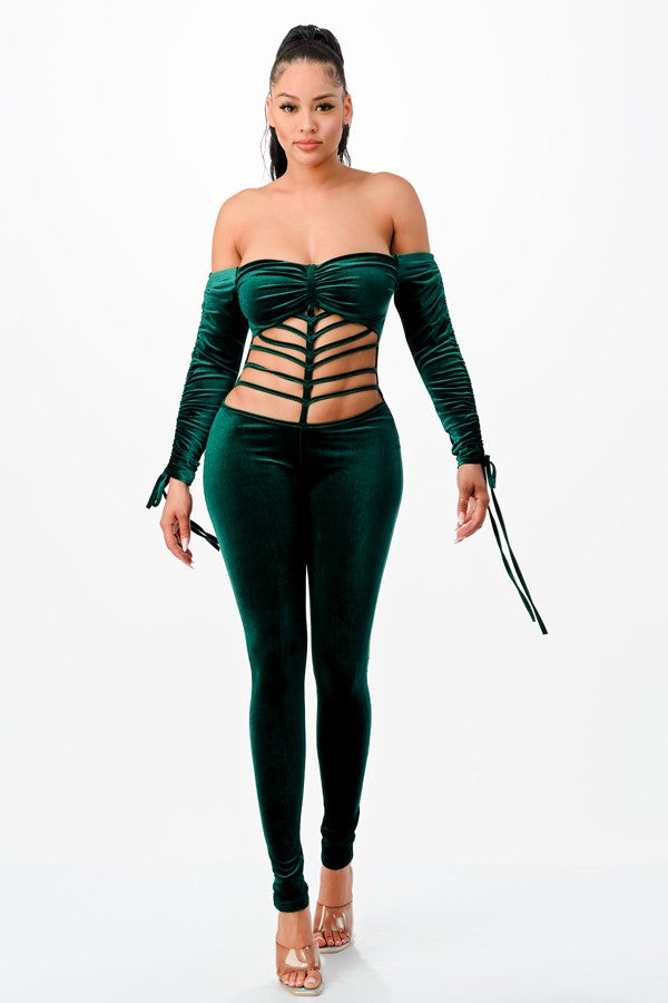 Women's Velvet Off-Shoulder Lace-Up Corset Jumpsuit