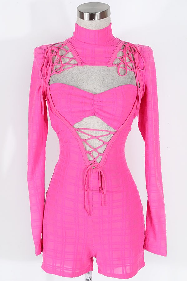 Women's Ribbed Mock Neck Long Sleeve Lace-Up Cutout Romper