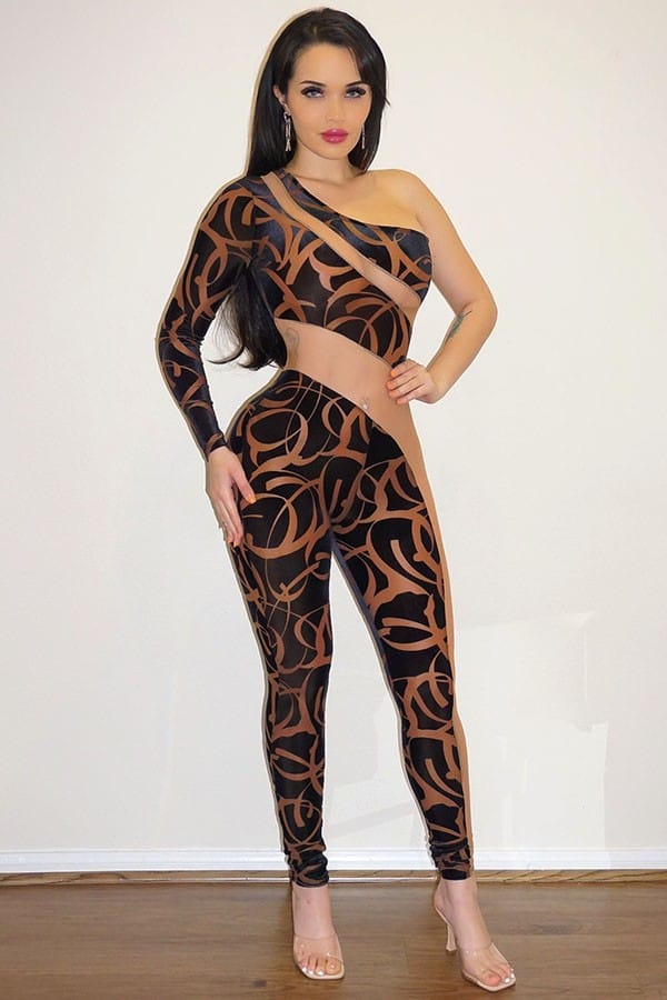 Women's Abstract Print One Shoulder Long Sleeve Jumpsuit