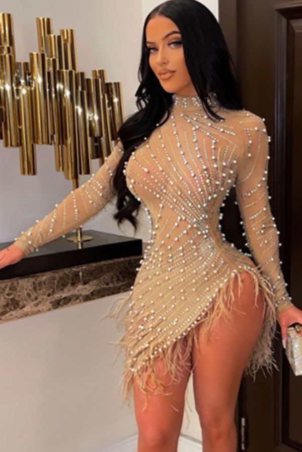 Women's royal rhinestone mock neck feather trim mini dress - photo 3