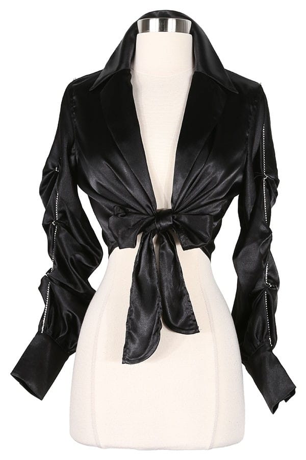 Women's Satin Tie Front Long Sleeve Crop Shirt