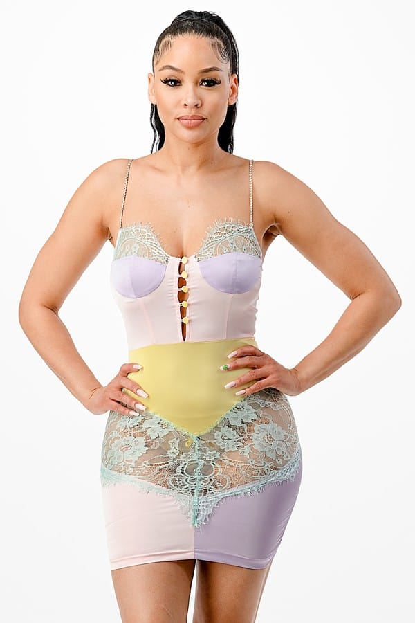 Women's Sheer Lace Color-Block Bustier Mini Dress - photo 4