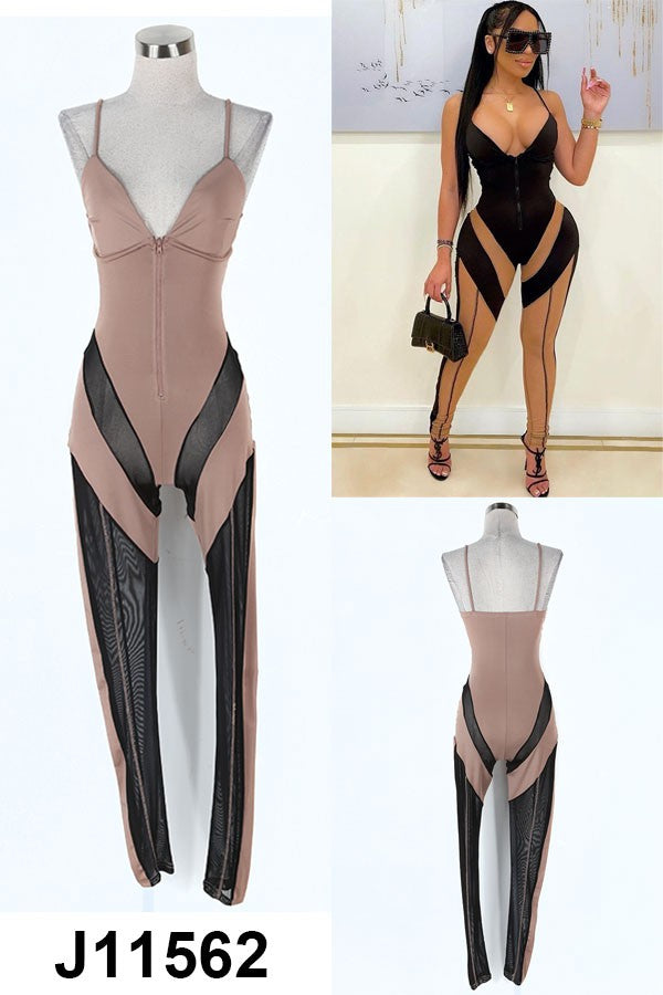 Women's Spaghetti Strap Sheer Mesh Panel Jumpsuit