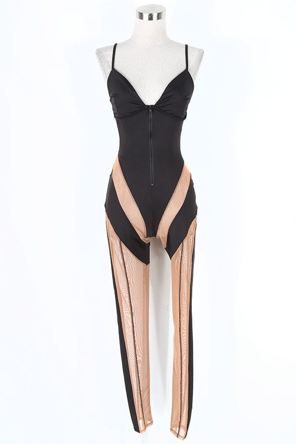 Women's Spaghetti Strap Sheer Mesh Panel Jumpsuit