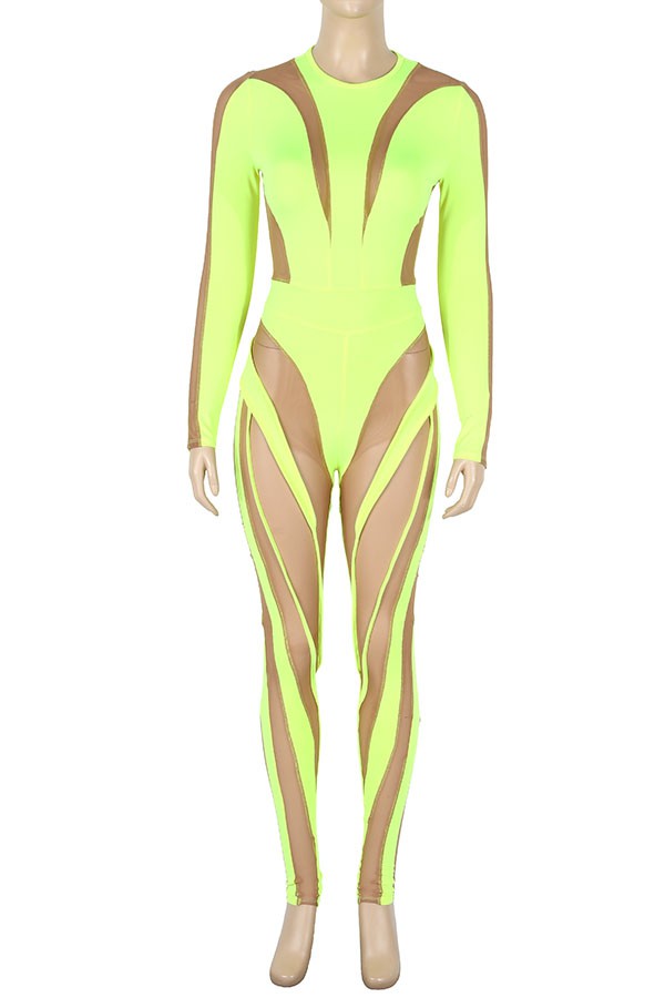 Women's Neon Mesh Panel Mock Neck Long Sleeve Jumpsuit