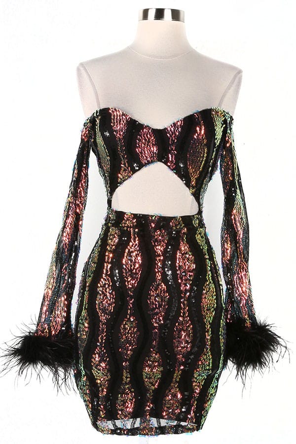 Women's Long Sleeve Lace Feather Cuff Mini Dress - photo 4