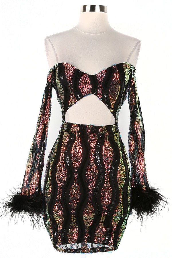 Women's Long Sleeve Lace Feather Cuff Mini Dress - photo 4