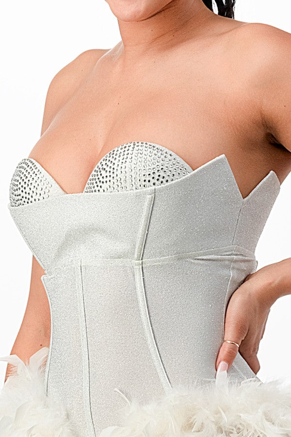 Women's white feather trim corset bustier mini dress - photo 4