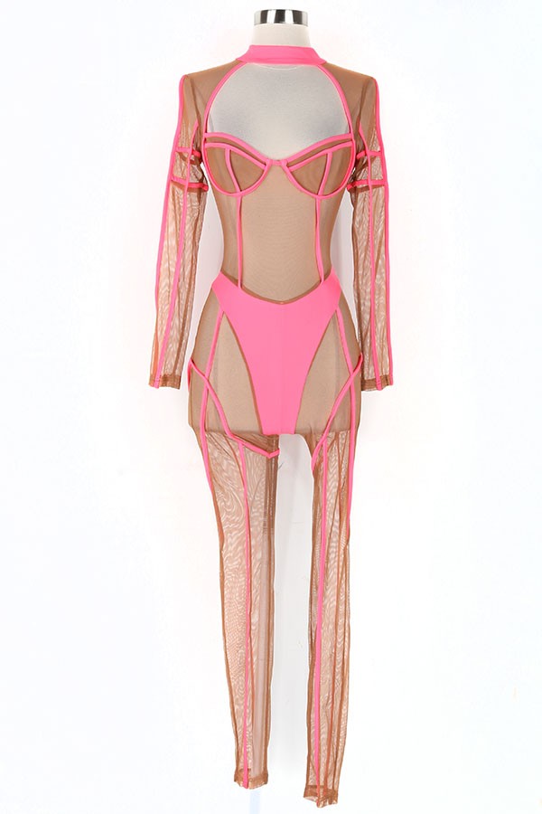 Women's Sheer Mesh Contrast Trim Halter Jumpsuit