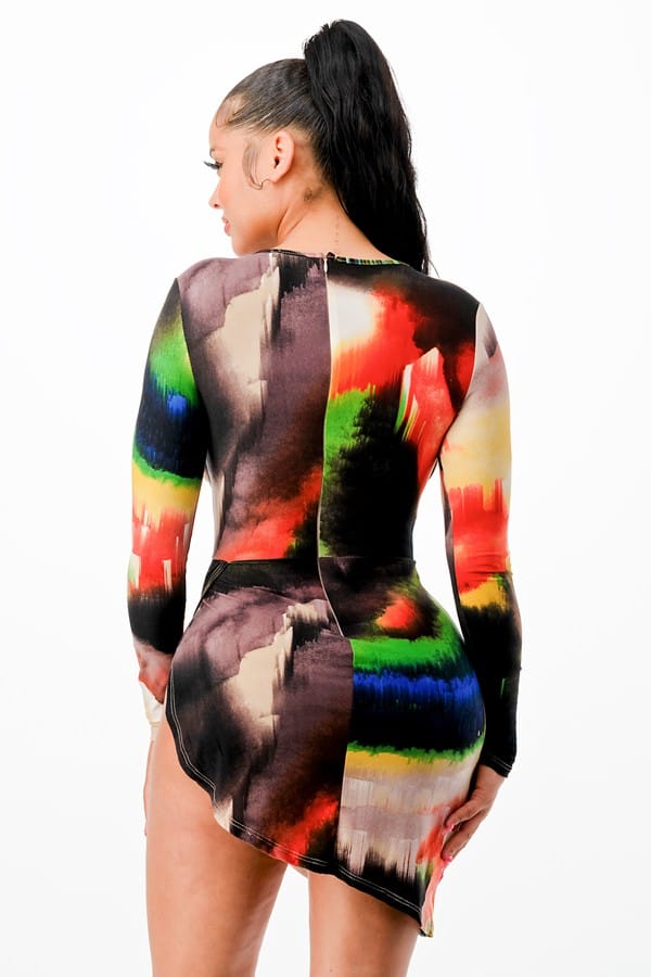 Women's Abstract Print Long Sleeve Plunge Mini Dress - photo 5