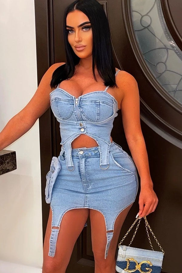 Women's Denim Bra Top & Mini Skirt Set