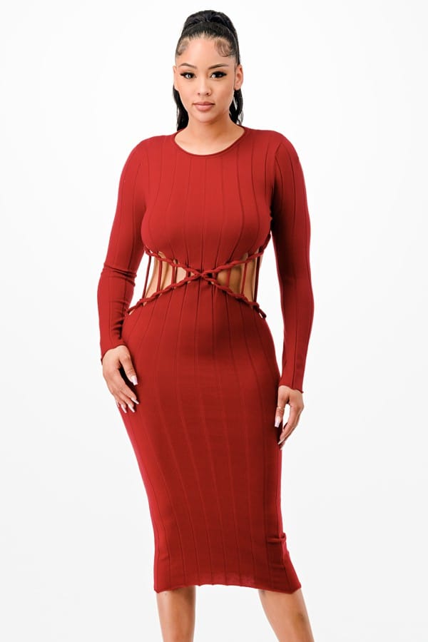 Women's Ribbed Long Sleeve Cutout Waist Midi Dress