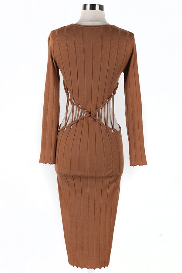 Women's Ribbed Long Sleeve Cutout Waist Midi Dress - photo 3