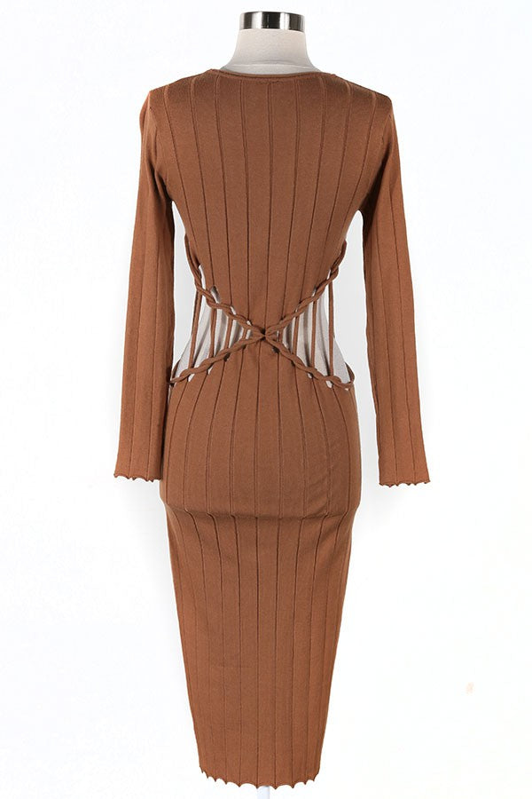 Women's Ribbed Long Sleeve Cutout Waist Midi Dress - photo 3