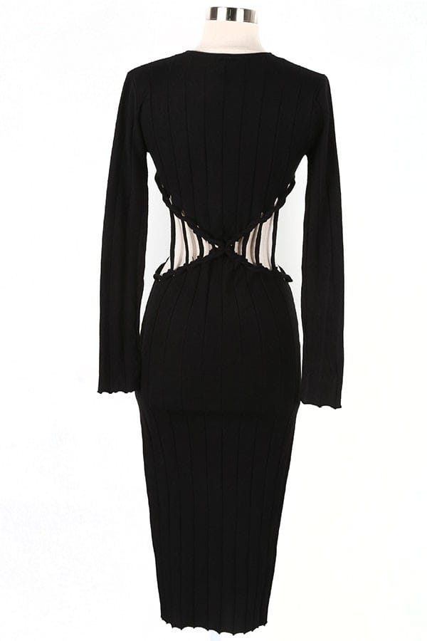 Women's Ribbed Long Sleeve Cutout Waist Midi Dress - photo 3
