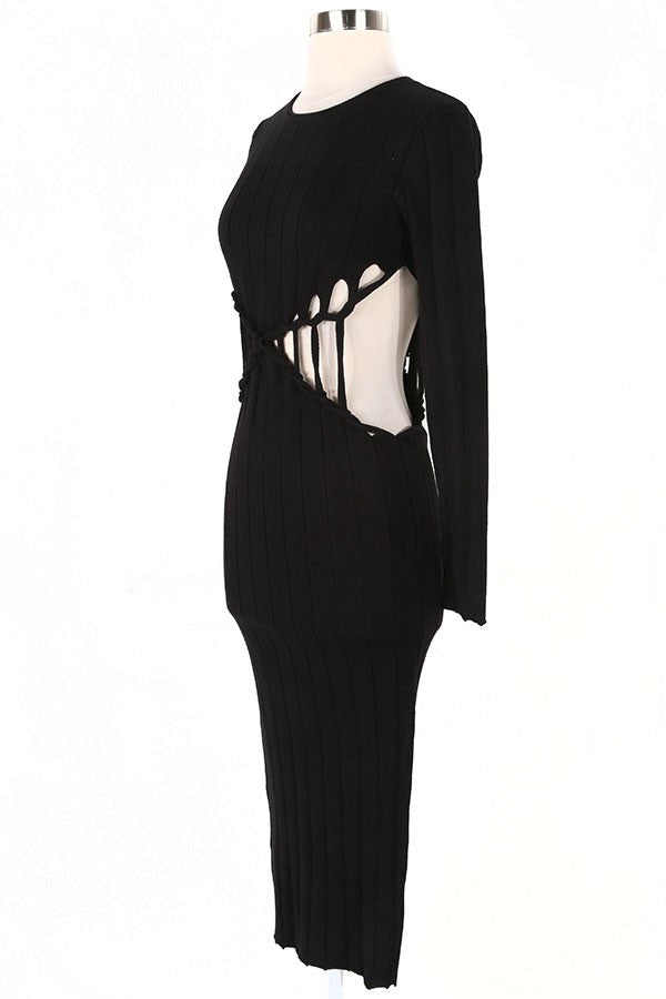 Women's Ribbed Long Sleeve Cutout Waist Midi Dress - photo 2