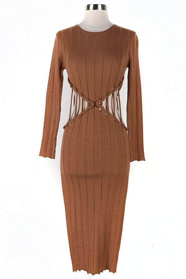 Women's Ribbed Long Sleeve Cutout Waist Midi Dress