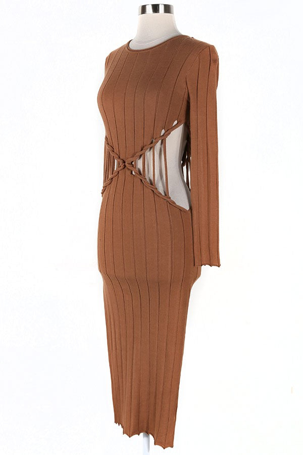 Women's Ribbed Long Sleeve Cutout Waist Midi Dress - photo 2