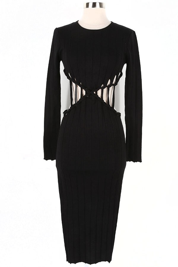 Women's Ribbed Long Sleeve Cutout Waist Midi Dress