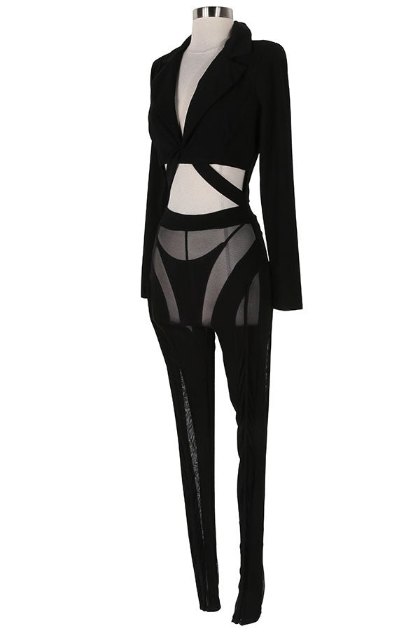 Women's Long Sleeve Crop Top & Sheer Mesh Panel Pants Set - photo 2