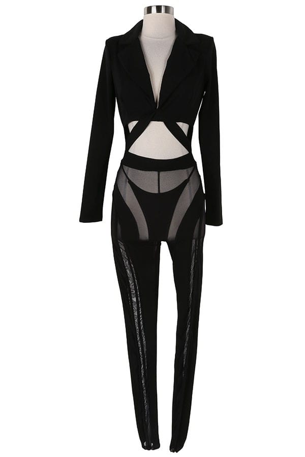 Women's Long Sleeve Crop Top & Sheer Mesh Panel Pants Set