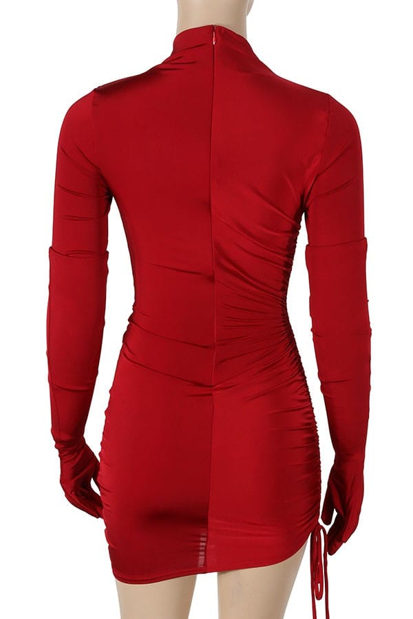Women's Mock Neck Long Sleeve Ruched Mini Dress with Gloves - photo 3