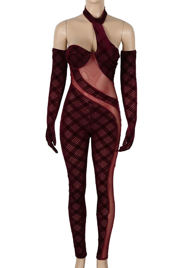 Women's Velvet Halter Cold Shoulder Sheer Panel Jumpsuit
