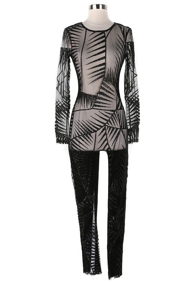 Women's Sequin Long Sleeve Fitted Jumpsuit