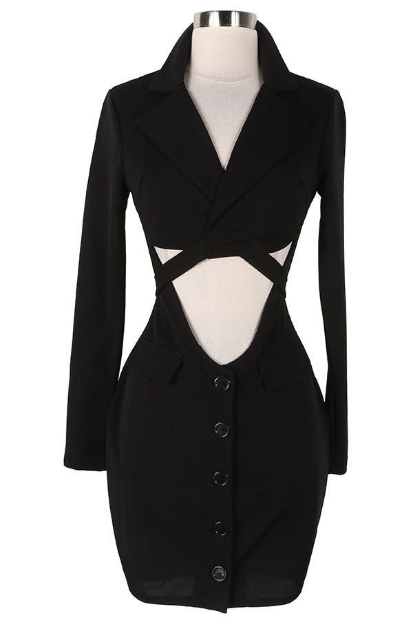 Women's Long Sleeve Cutout Waist Button Front Mini Dress