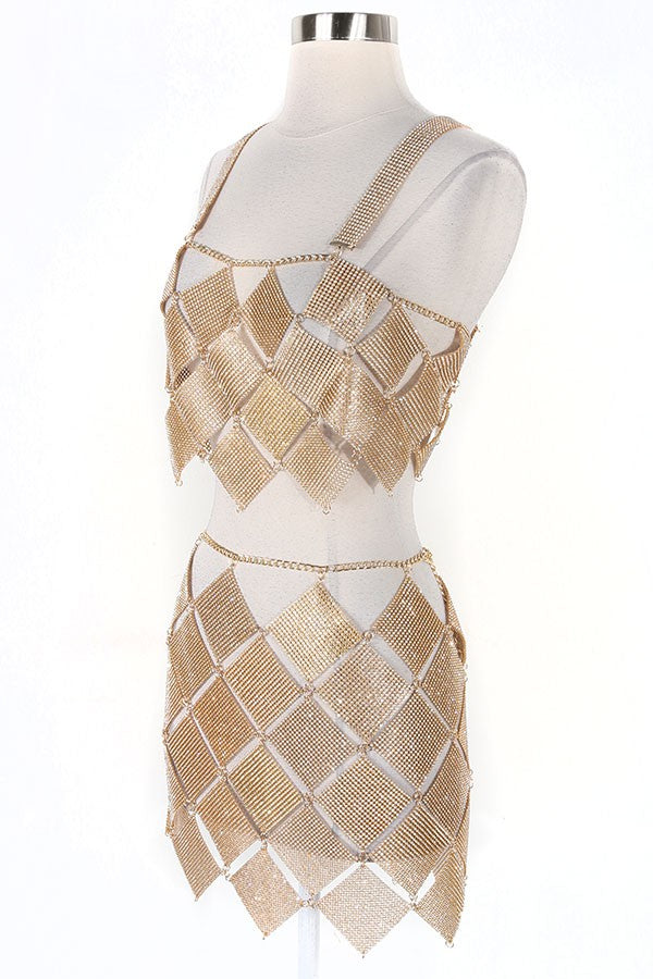 Women's gold sequin halter top and mini skirt set - photo 3