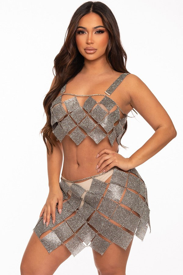 Women's silver sequin halter top and mini skirt set - photo 2