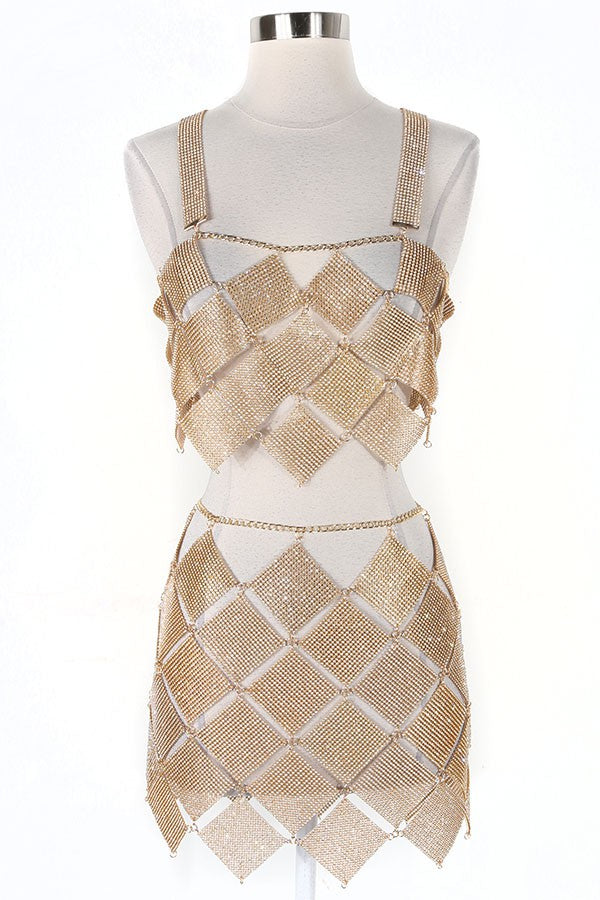 Women's gold sequin halter top and mini skirt set - photo 2