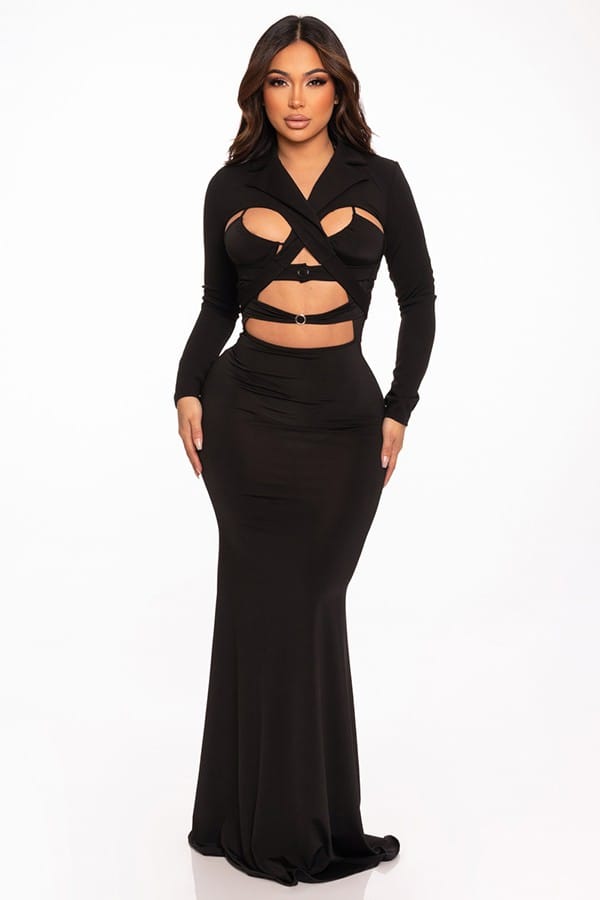 Women's Long Sleeve Cutout Wrap Crop Top & Maxi Skirt Set