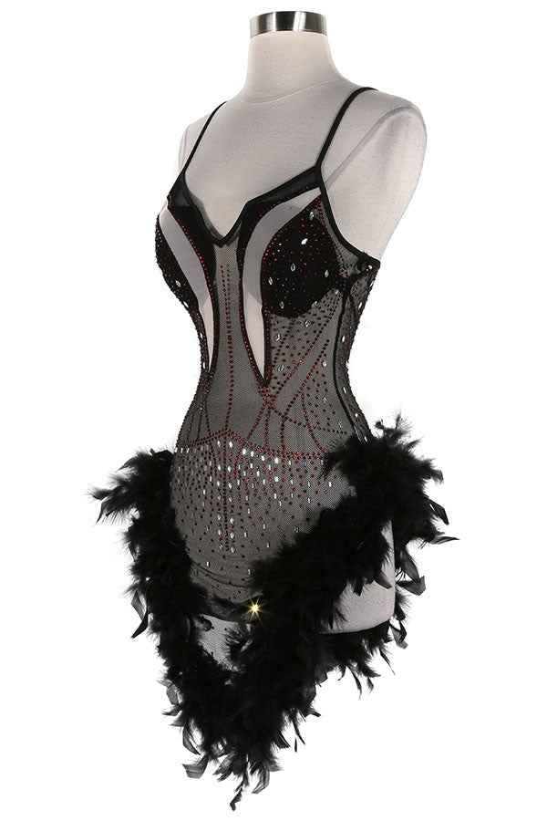 Women's black rhinestone corset feather hem mini dress - photo 2