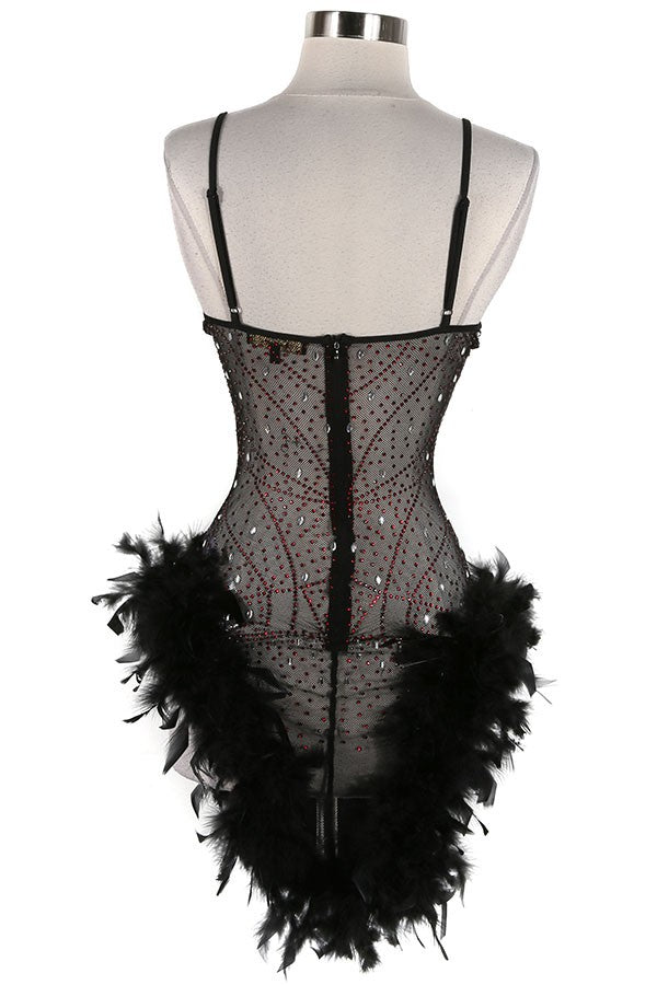 Women's black rhinestone corset feather hem mini dress - photo 3