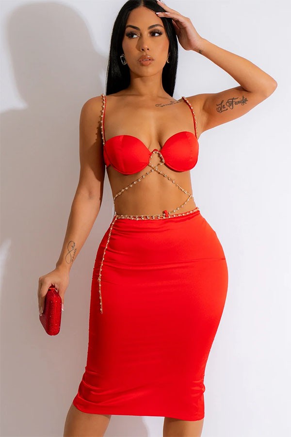 Women's Pearl Bra Top, One Shoulder Crop Top & Midi Skirt 3-Piece Set - photo 3