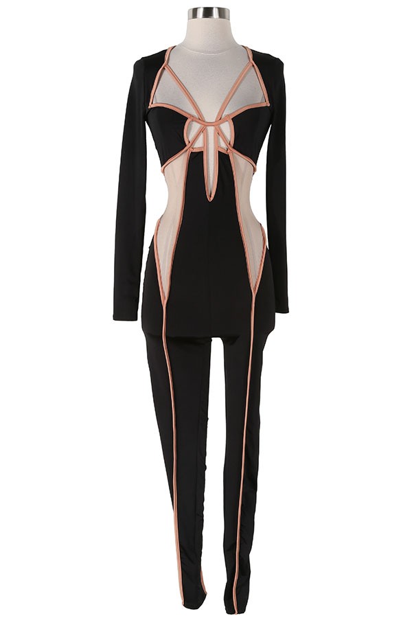 Women's Contrast Trim Crisscross Cutout Long Sleeve Jumpsuit