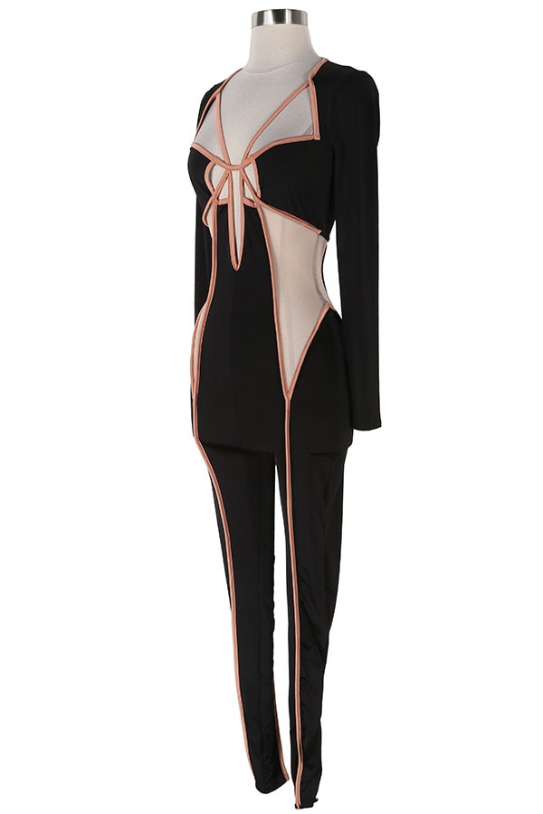 Women's Contrast Trim Crisscross Cutout Long Sleeve Jumpsuit - photo 2