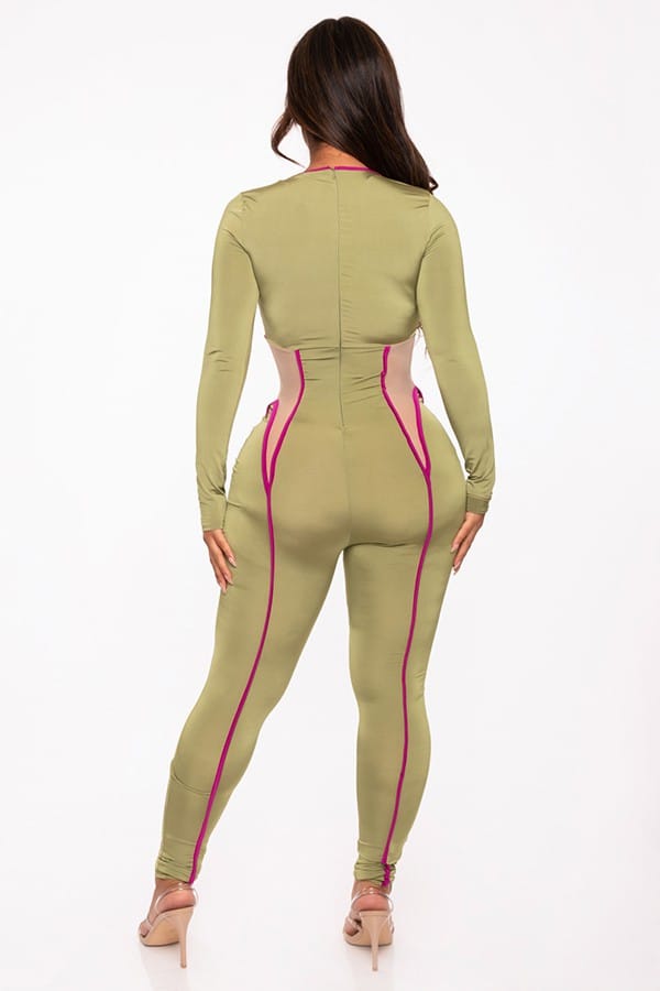Women's Contrast Trim Crisscross Cutout Long Sleeve Jumpsuit - photo 3