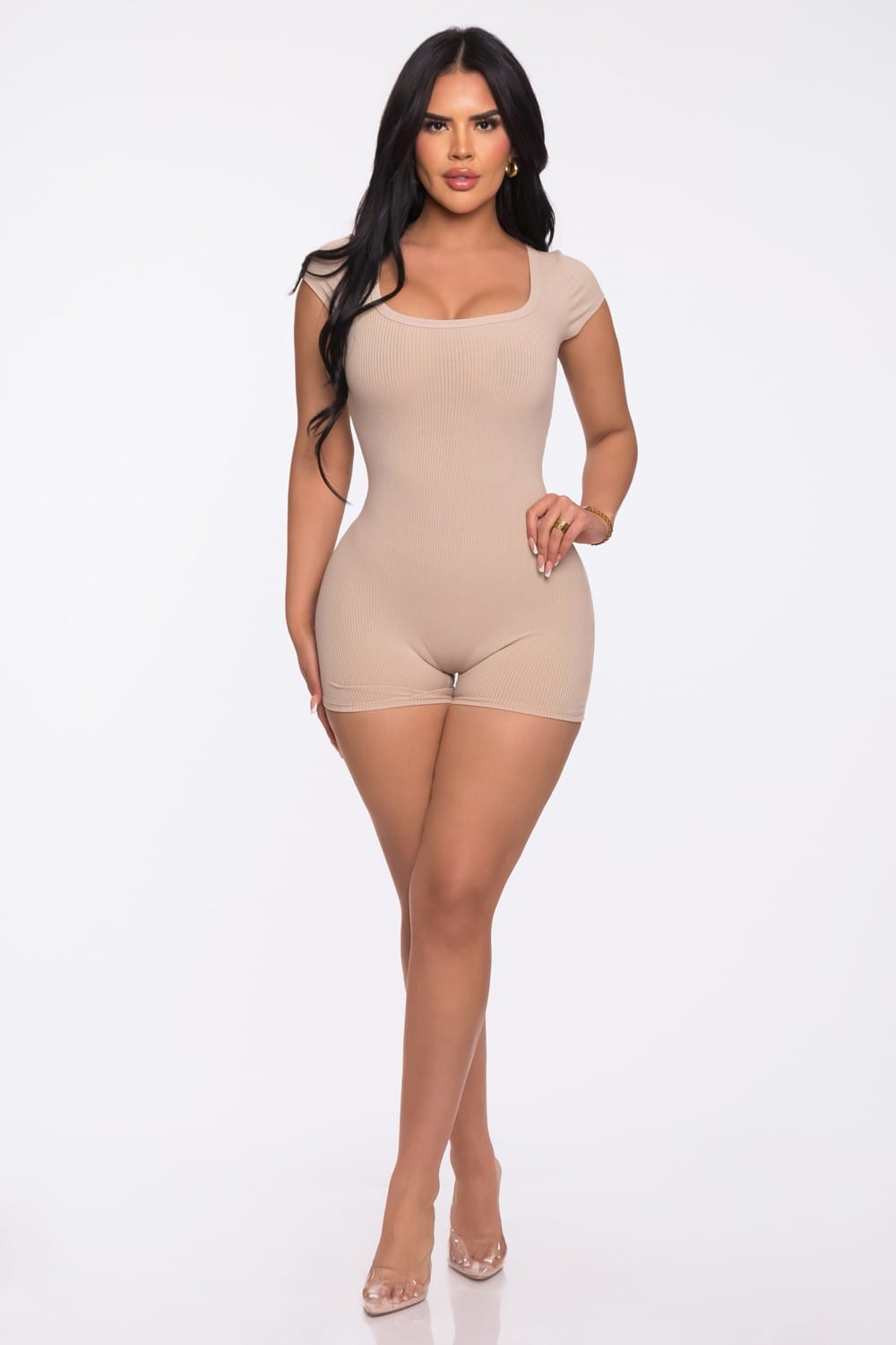 Women's Hot Pink Everyday Allure Heavy Rib Scoop Neck Romper – back view