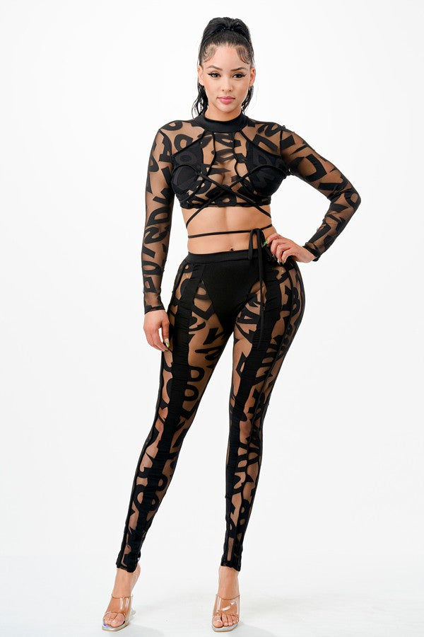 Women's Lace Long Sleeve Crop Top & Leggings Set
