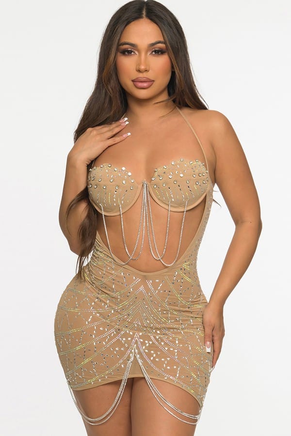 Women's taupe rhinestone mesh plunge mini dress