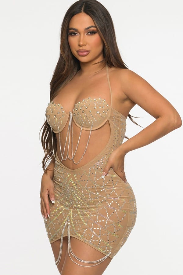 Women's taupe rhinestone mesh plunge mini dress - photo 2